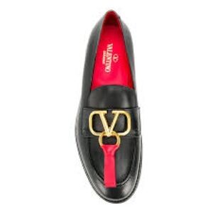 Valentino Black Leather Loafer with Gold V Buckle and Red Trim